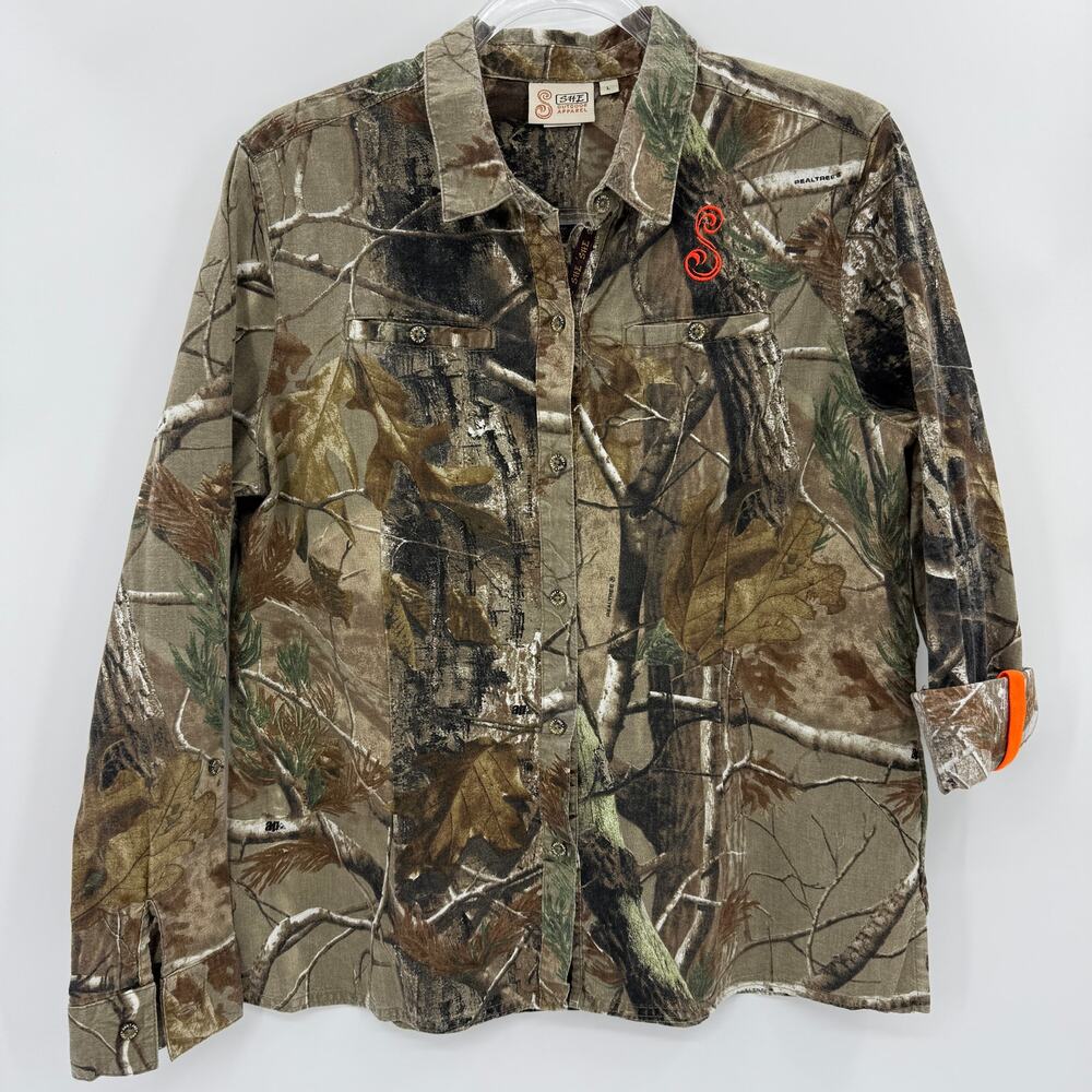 SHE Outdoor Apparel Timber Shirt Sz L Cotton Woodland Button Up Long Sleeve Top